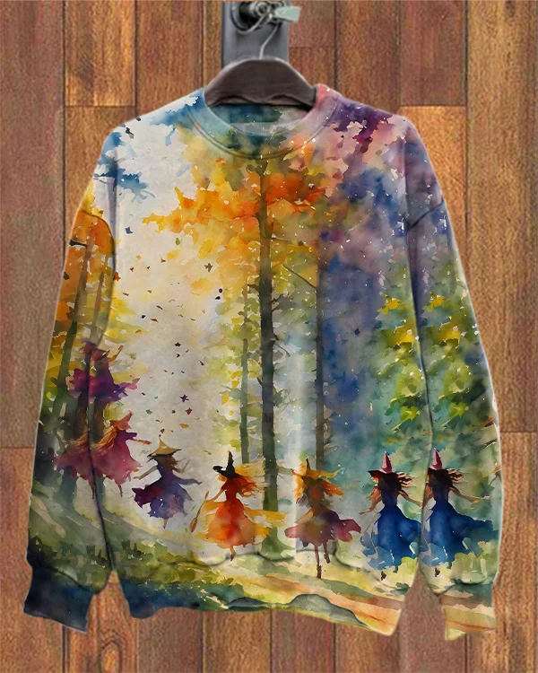 Witch forest Halloween Print Loose Sweatshirt