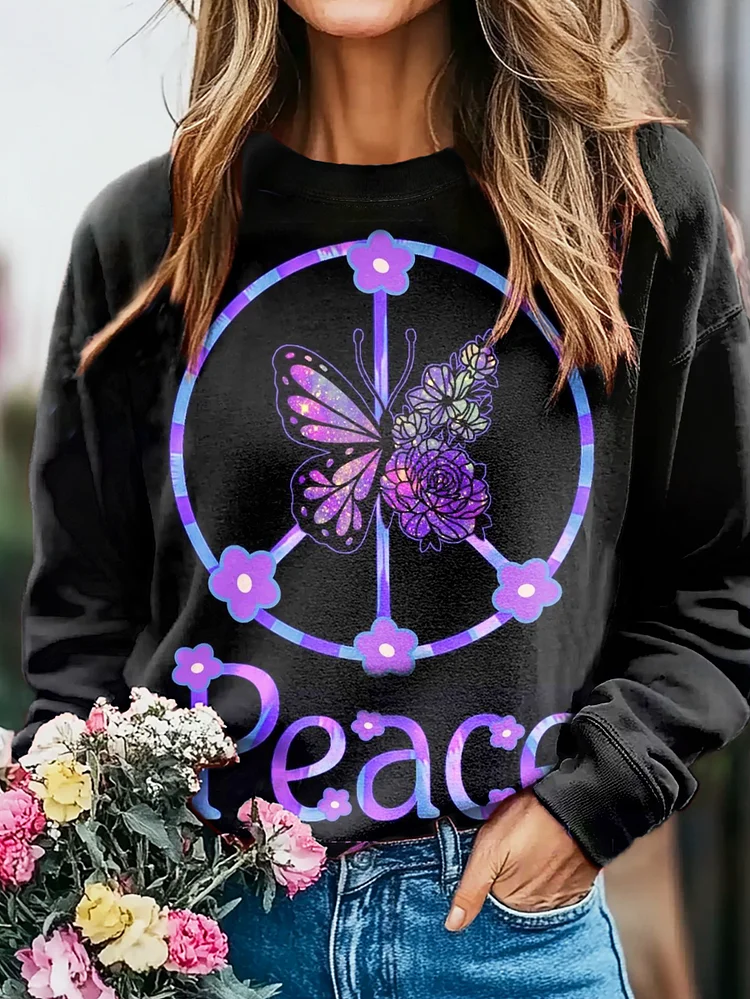 Butterfly and Floral Hippie Art Print Casual Sweatshirt