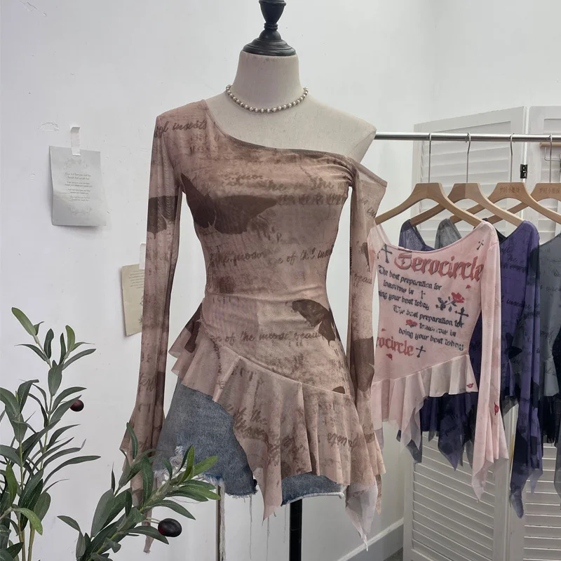 Uveng Tie Tie Net Yarn Oblique Shoulder Babes Sexy Body-On-Sleeve Horn Irregular Top 9955