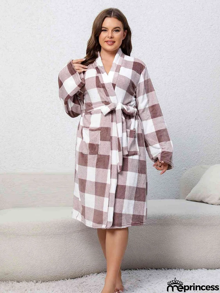 Plus Size Plaid Tie Front Robe with Pockets