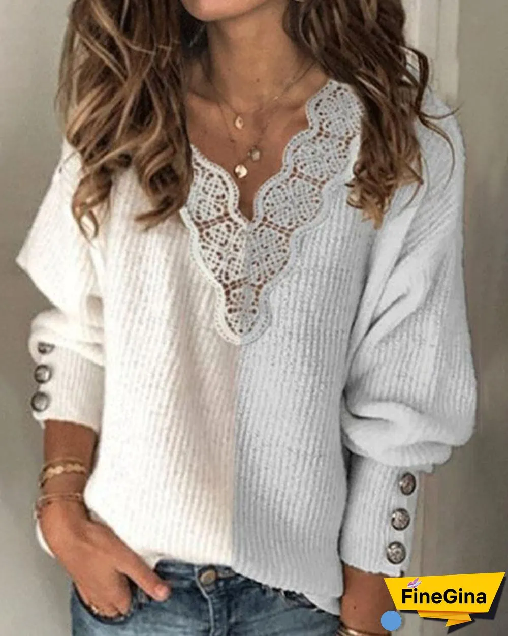 V-Neckline Color Block Casual Loose Regular Sweaters