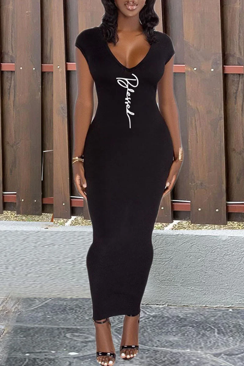 Black Casual Print Patchwork Backless Zipper V Neck One Step Skirt Dresses