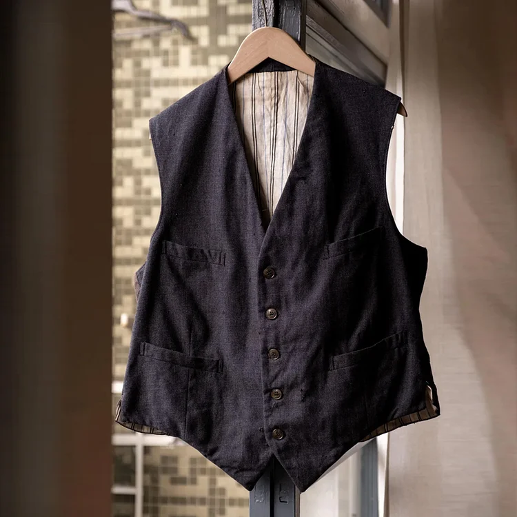 Men's 1930's French Dark Gray Vintage Wool Work Gilet