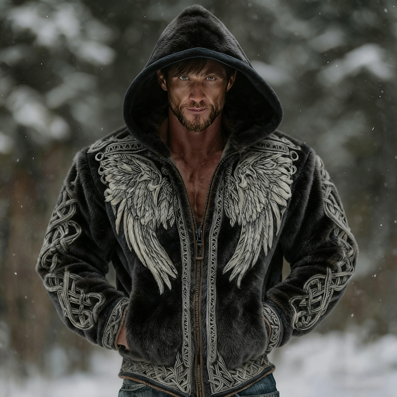 Men's Viking Style Celtic Wings Art Cozy Flannel Zip-up Hoodie elevenforest