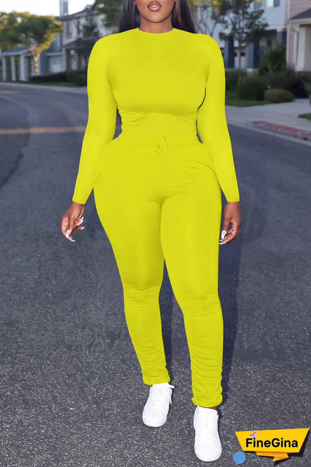 Yellow Casual Solid Basic O Neck Long Sleeve Two Pieces