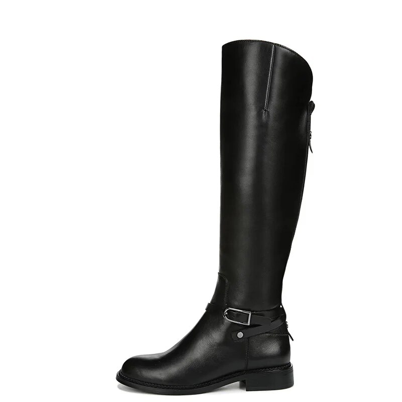 TAAFO Black Knee Long Boots Low Chunky Heels Women Round Toe Zipper Ladies Strap Buckle Shoes