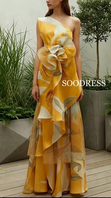 Ship in 24 hours/Elegant Floral Flounce Oblique Collar Evening Dresses