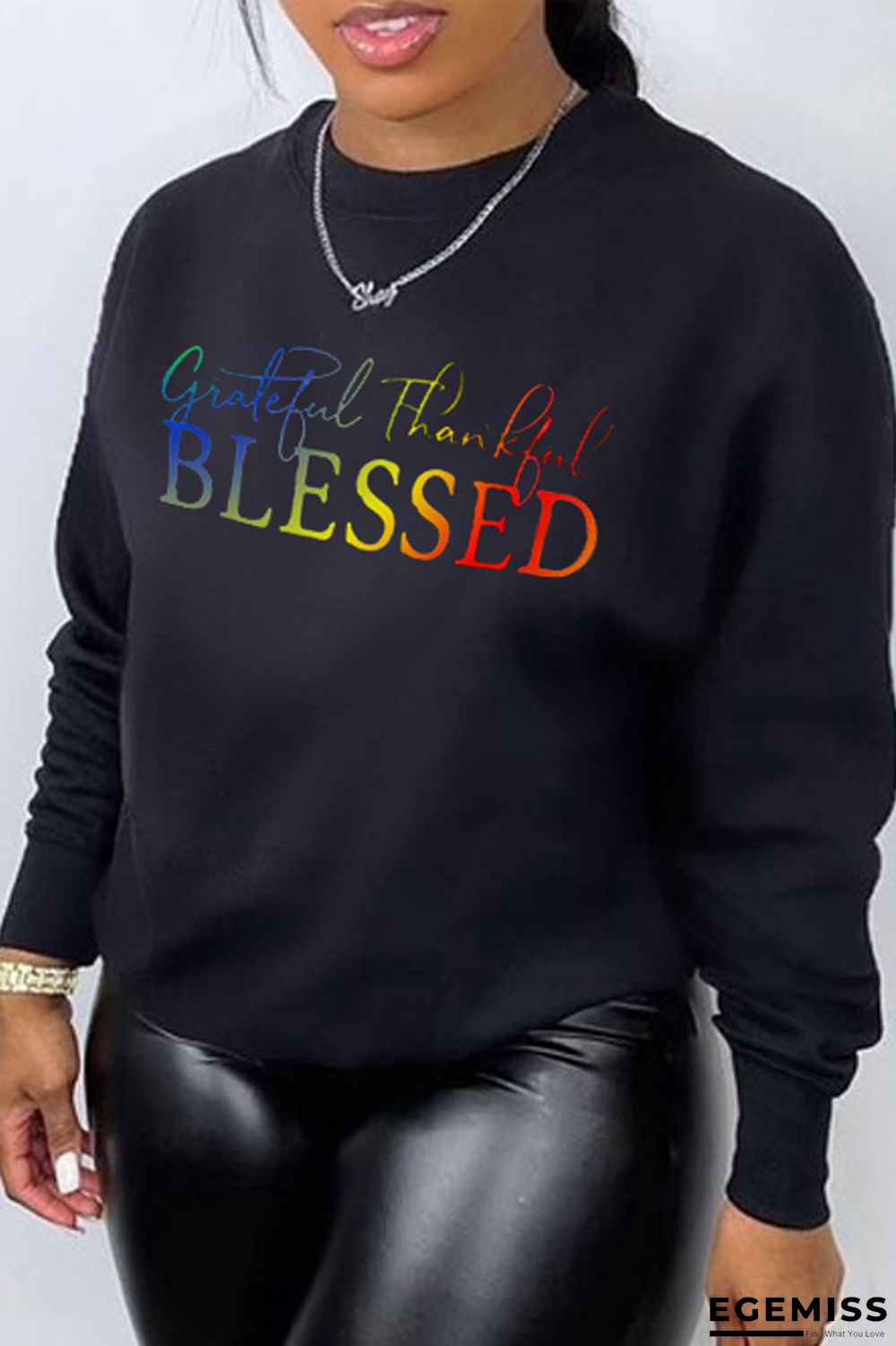 Black Fashion Street Print Letter O Neck Tops | EGEMISS