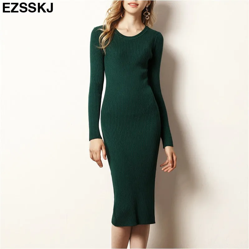 Autumn Winter long Sweater dress women solid bodycon Thick dress Female Jumper O-neck slim basic knit dress Long sleeve