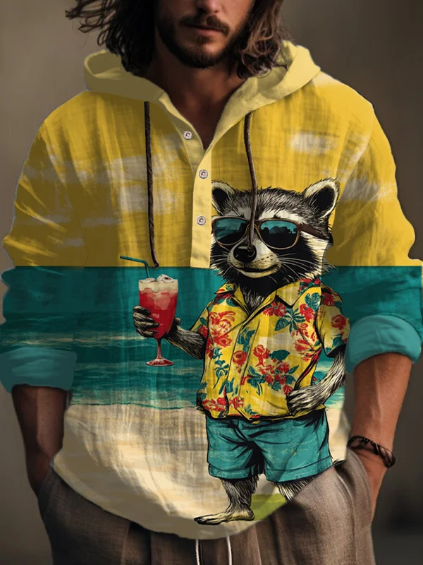 Men's Vacation Art Raccoon Cocktail Print Hooded Shirt