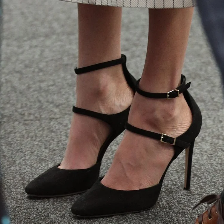 Black Double Strap Stiletto Heels Closed Toe Vegan Suede Ankle Strap Pumps |FSJ Shoes