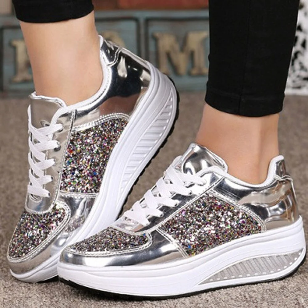 Fashion Women's Sneakers Casual Ladies Wedges Sneakers Sequins Shake Shoes Fashion Walking Girls Sport Women's Platform Shoes 42