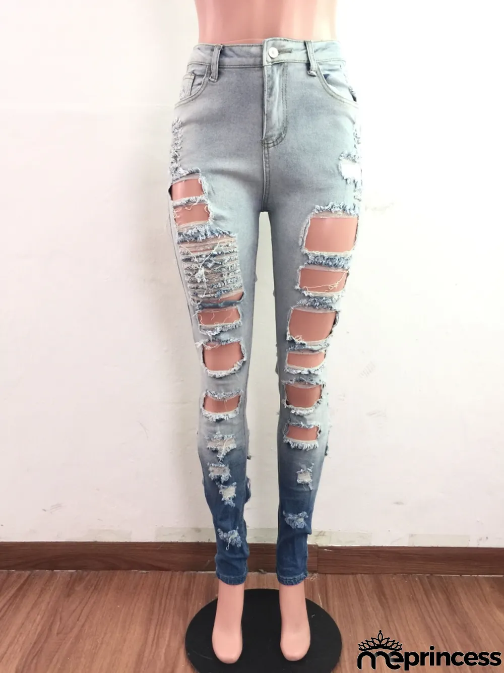 Summer High Waist Tight Ripped Blue Disdressed Jeans