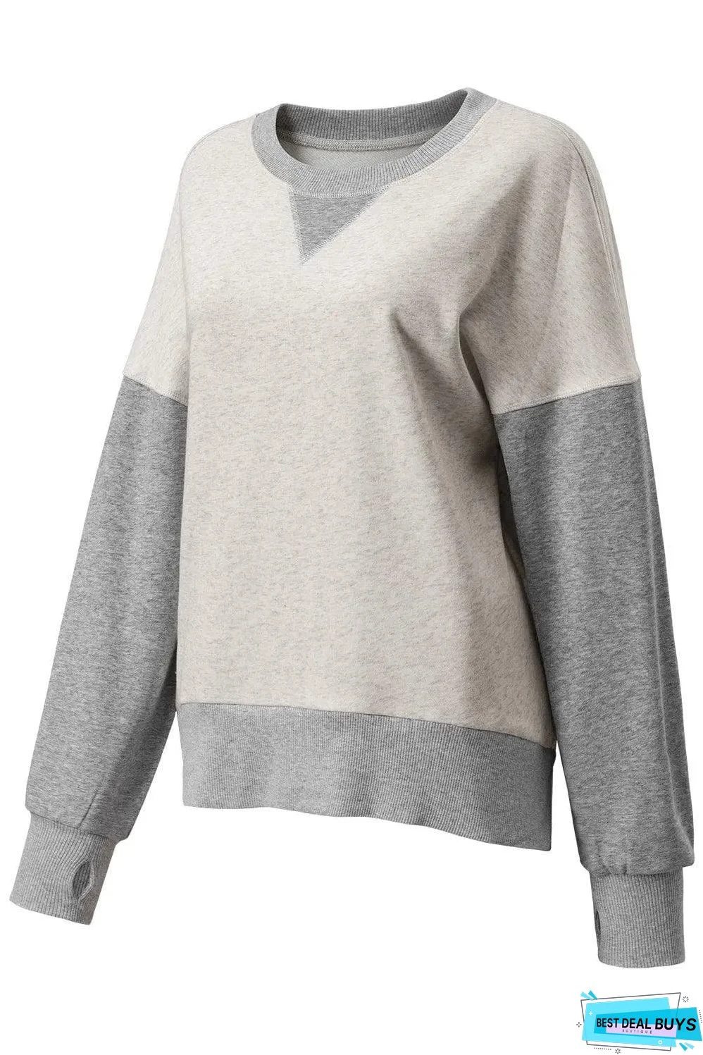 Light Grey Color Block Thumbhole Sleeve Drop Shoulder Sweatshirt