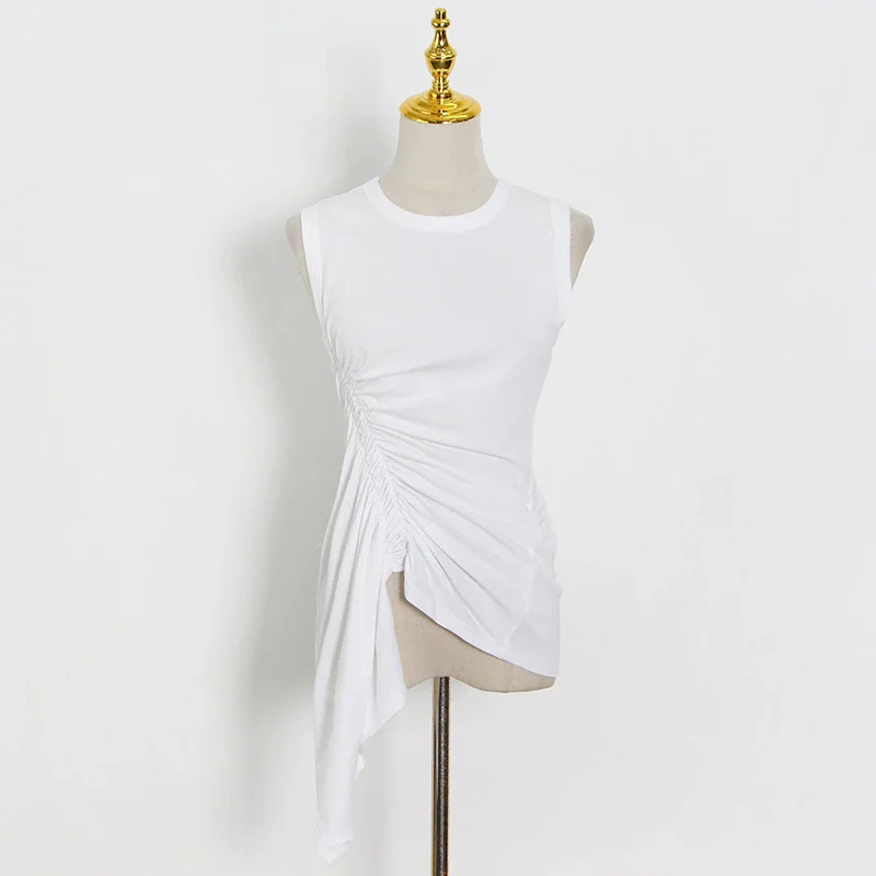 Pongl Shirred T Shirt Women Clothing Vest Off Shoulder White Asymmetrical Hem Knitted Plain Top Female 2021 Summer Style