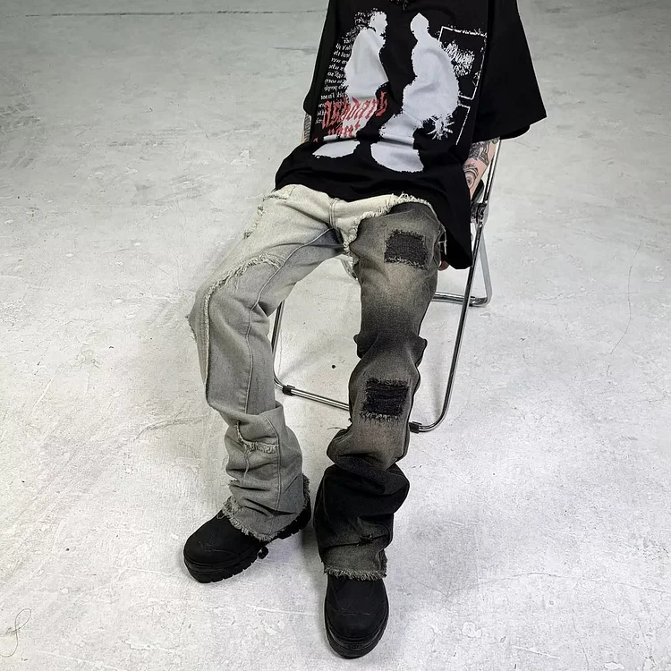 Heterochromatic Stitching Tattered Beggar Pants Harajuku Art Jeans Trousers at Hiphopee