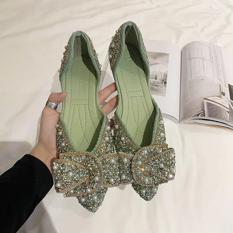 Summer Rhinestone Female Flat Shoes Female Korean Version Bow Tie Shallow Mouth Toe Tip Women's Single Shoes