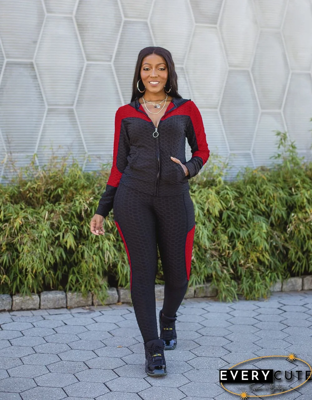 Women Colorblock Zipper Hooded Coat Top Pants Sweat Suits