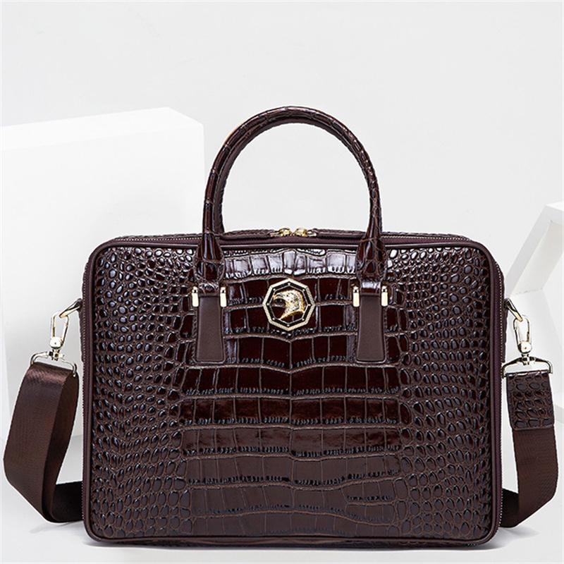 Men's Leather Business Laptop Bag Crocodile Pattern Design Crossbody Bag
