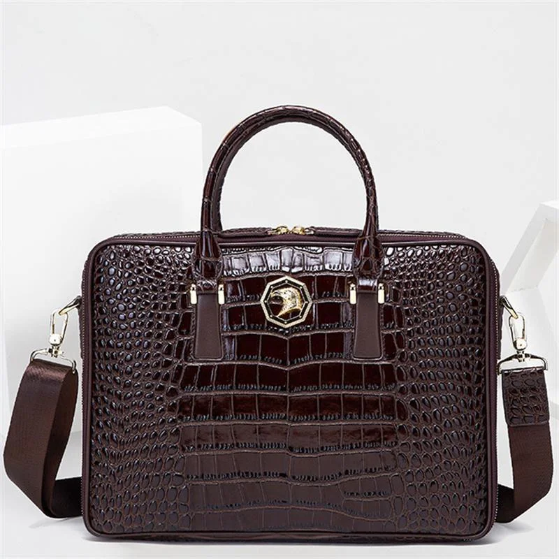 Men's Leather Business Laptop Bag Crocodile Pattern Design Crossbody Bag