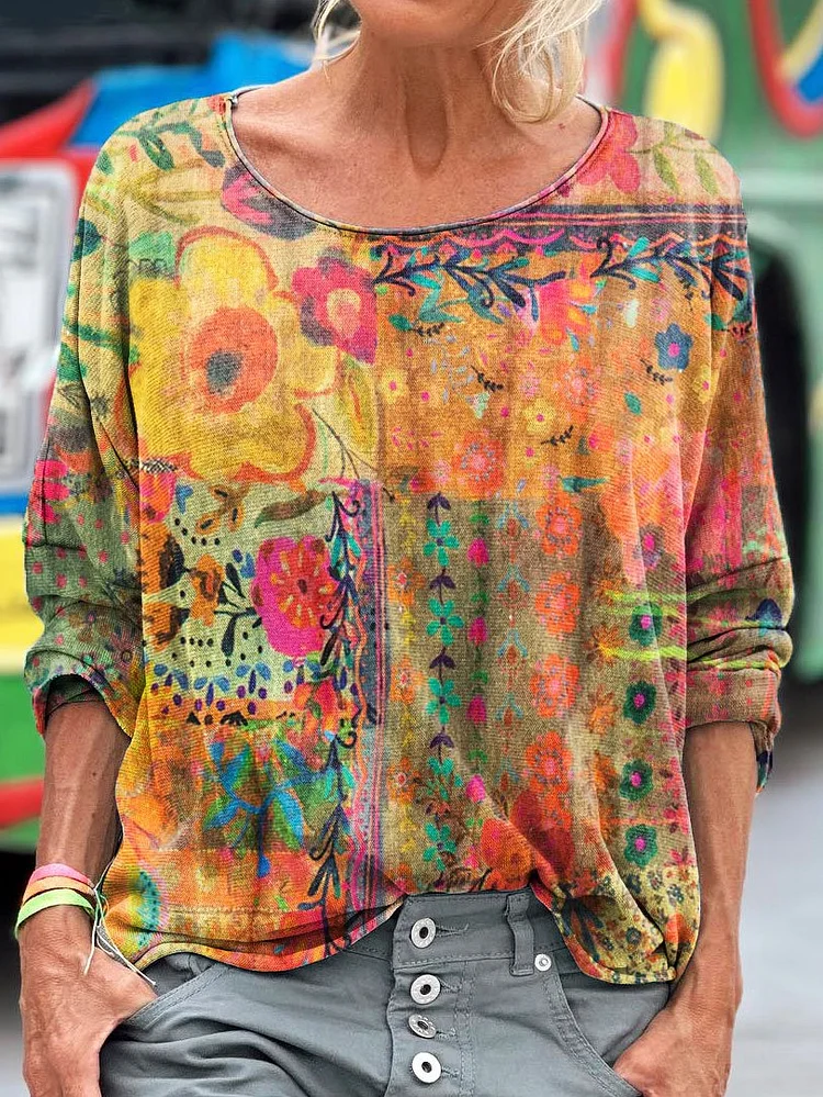Women's Vintage Retro Floral Art Print Casual Long Sleeve T-shirt