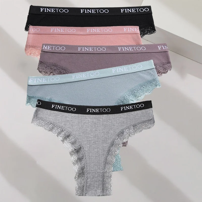 FINETOO 5PCS/Set M-XXL Cotton Panties Women's Letter Thong  Girls Brazilian Panty Sexy Lace Underwear For Woman Lingerie Bikini