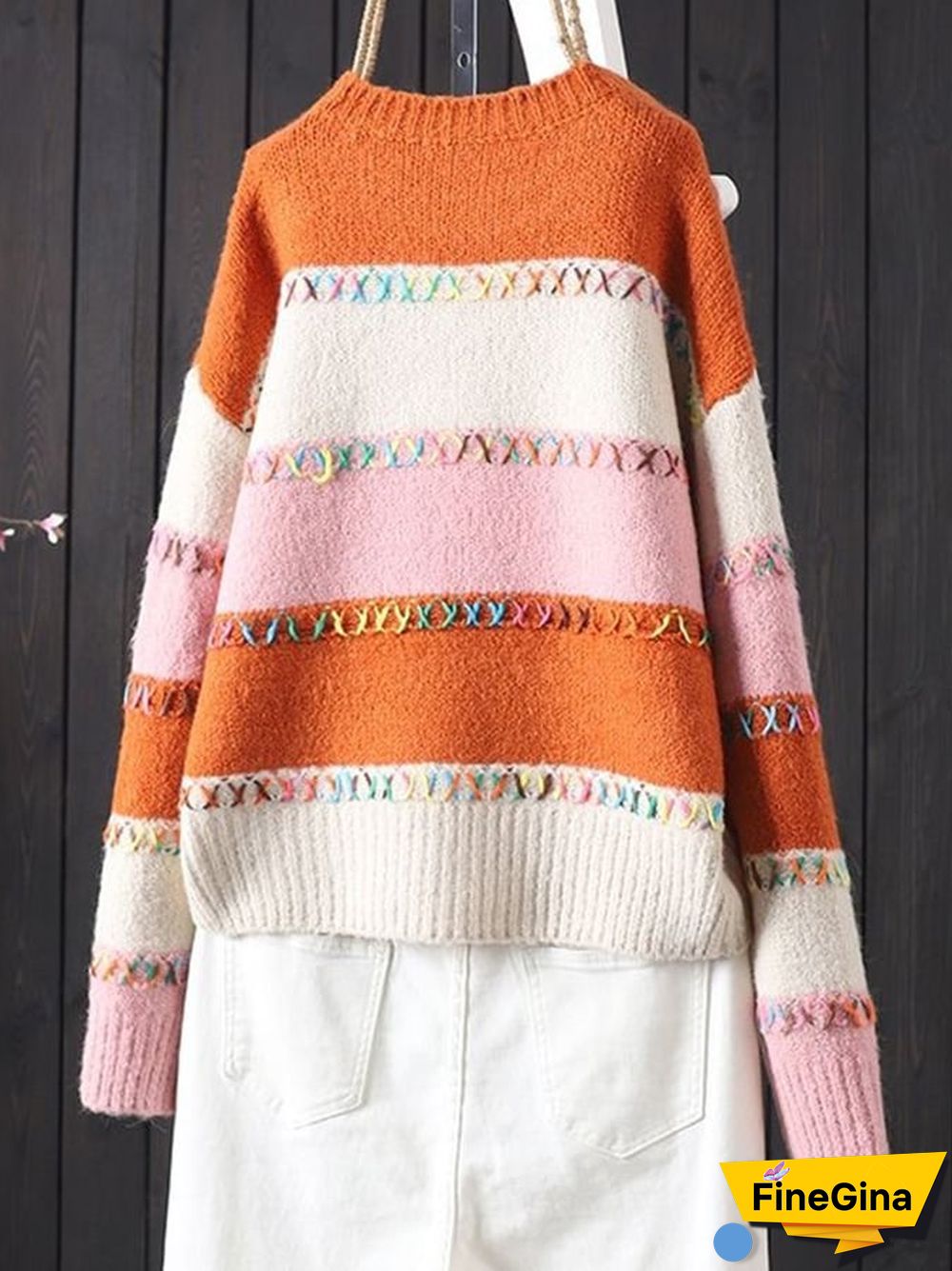Women's Fashionable Lazy Style Handmade Thread Contrasting Round Neck Knitted Cardigan