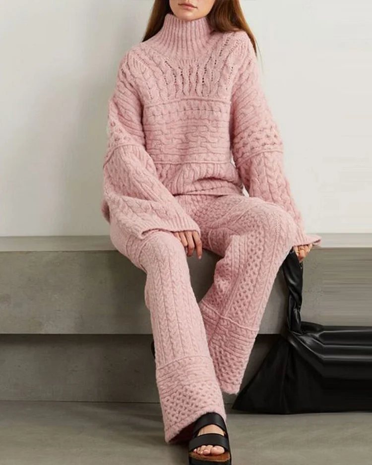 Cable-Knit Sweater And Wide-Leg Pants Two-Piece Set