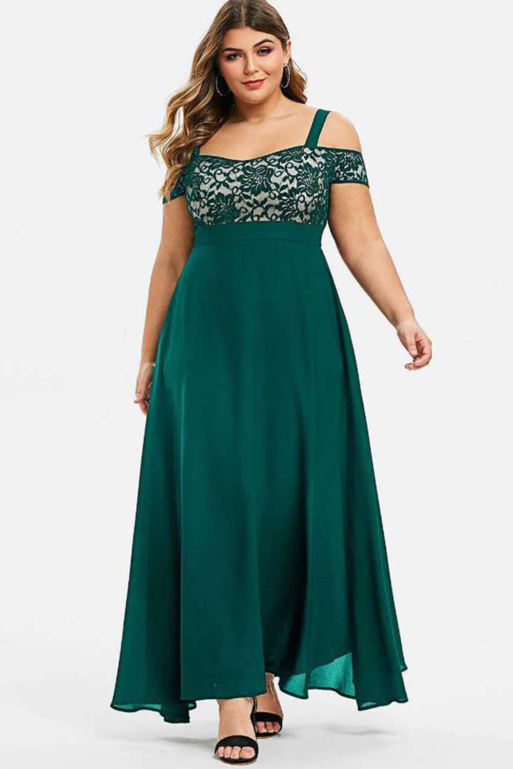 Plus Size Wedding Guest Black Chiffon Lace Cold Shoulder Maxi Dress 2024 - Flycurvy 