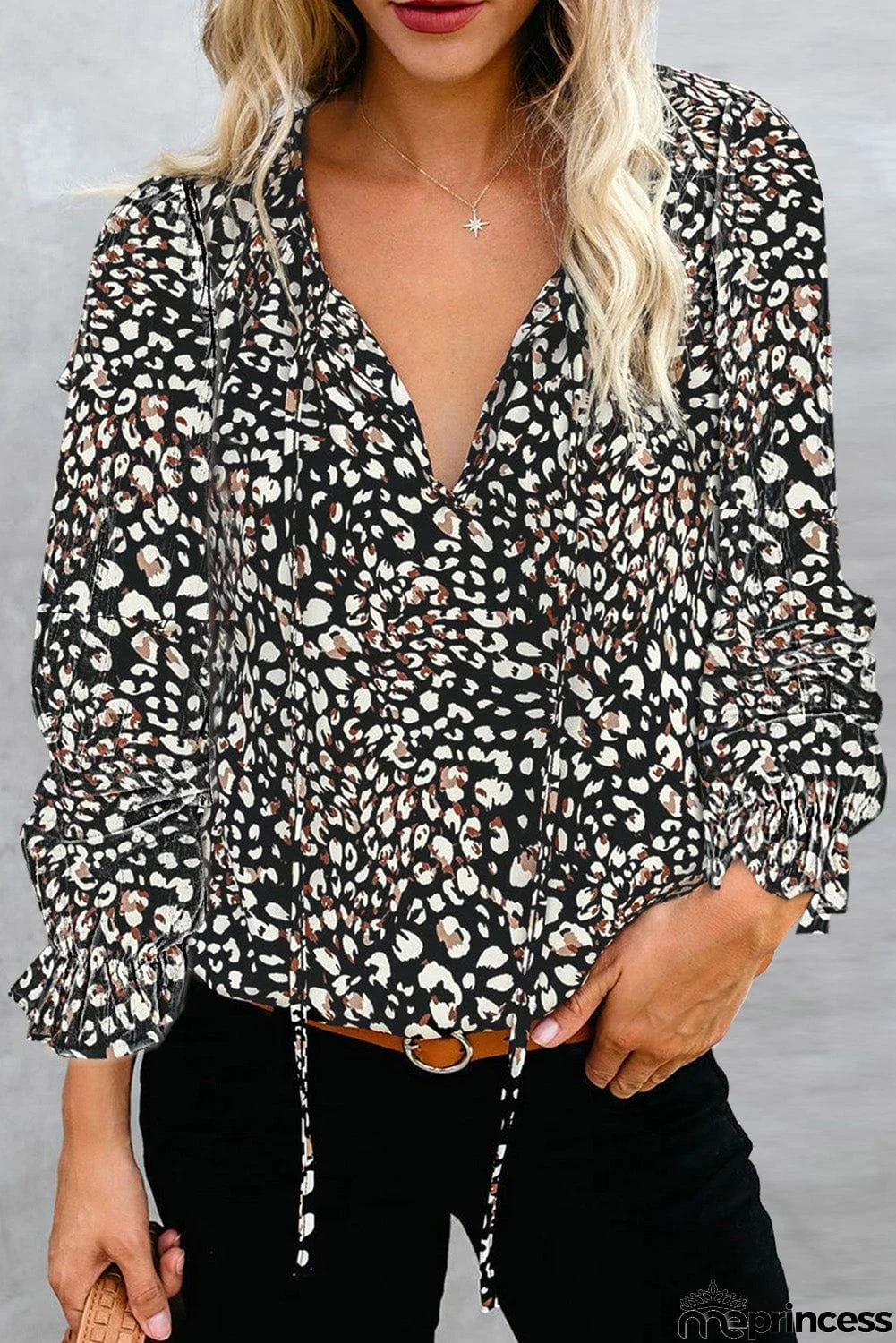 Printed Long Sleeve V-Neck Drawstring Shirt
