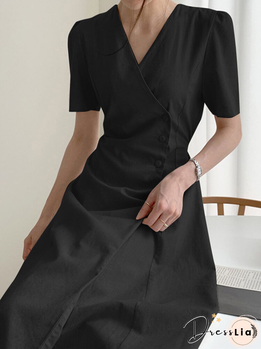 Solid Warp Button Front V-neck Short Sleeve Casual Dress