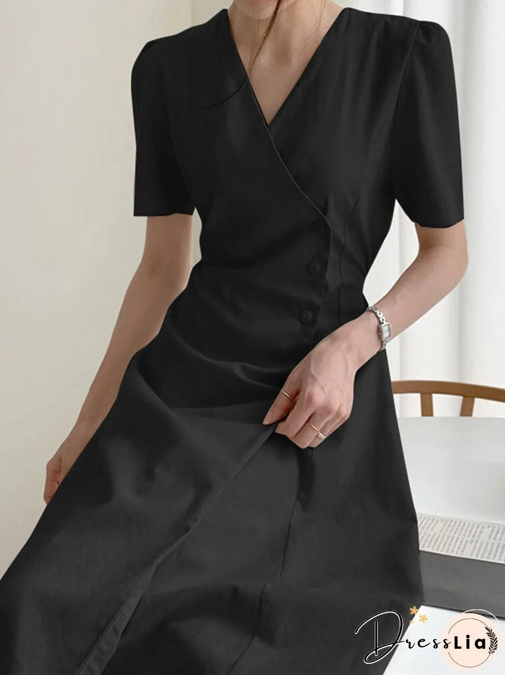 Solid Warp Button Front V-neck Short Sleeve Casual Dress