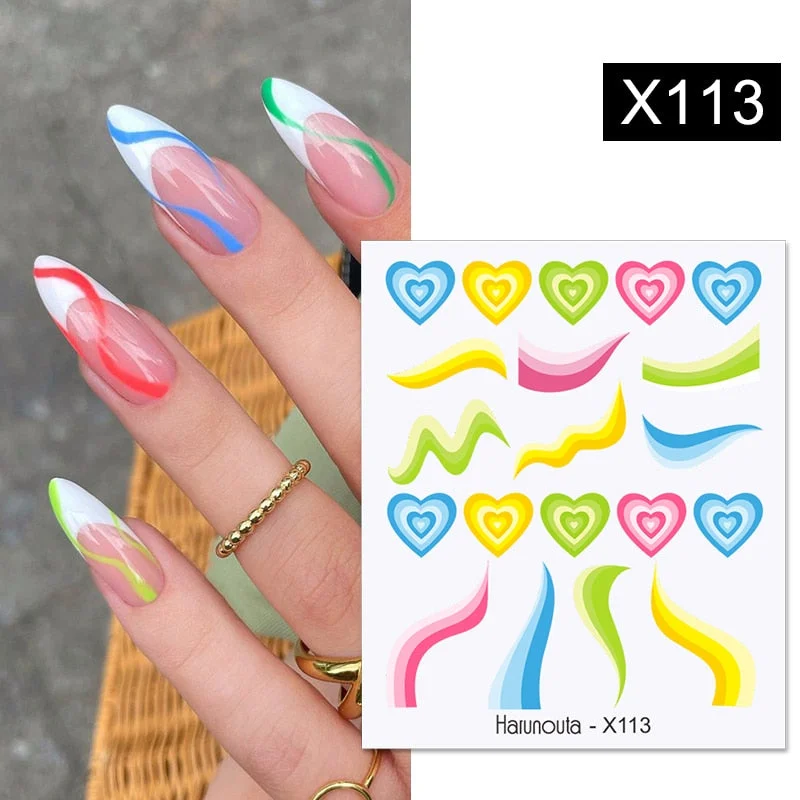 Black White French Line Nails Stickers Chess Oblique Strip Design Decals 3D Creative Geometry Love Heart Manicures Tips