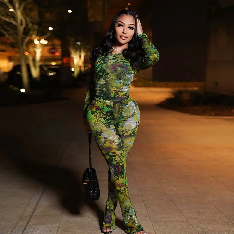 Brownm Brownm Women's 2023 Spring/Summer New Fashion Net Yarn Printed Pants Casual Set