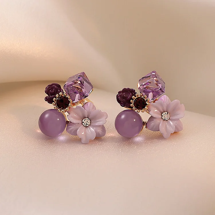 Noble Purple Crystal Flower Stud Earrings