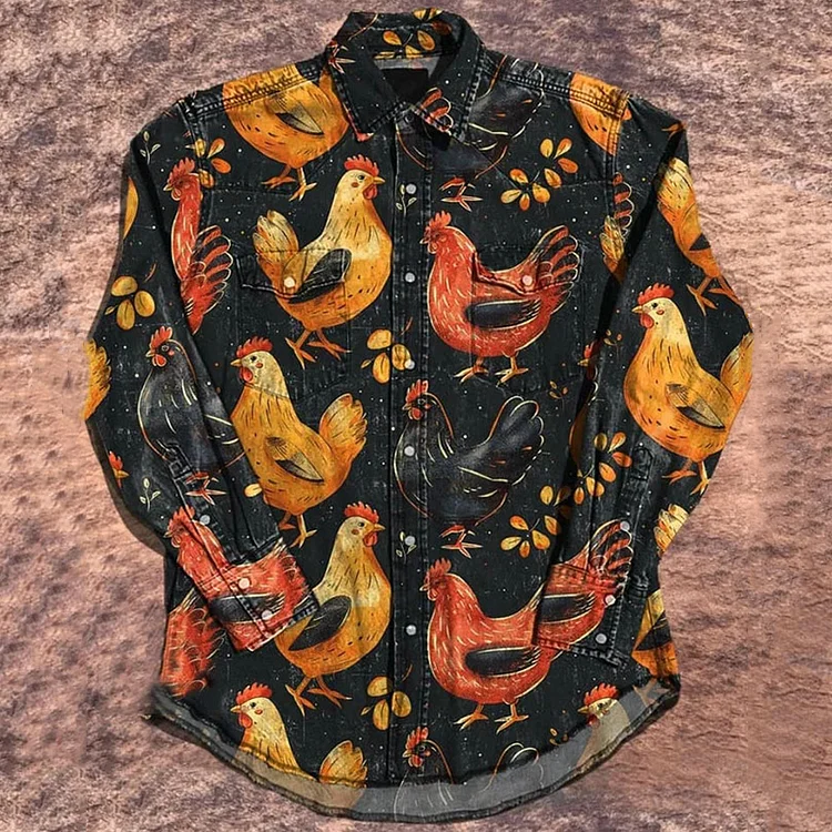 Unisex Vintage Chicken Print Casual Shirt