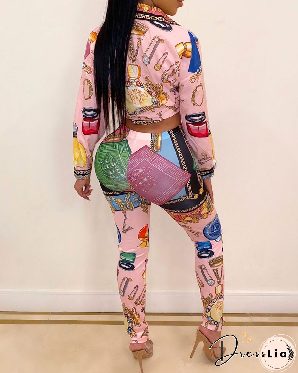 Scarf Graphic Print Long Sleeve Top & Pants Set