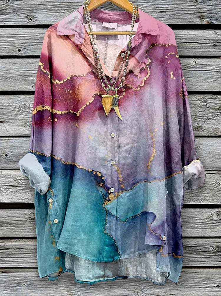 Women's Vintage Marble Print Casual Cotton And Linen Shirt