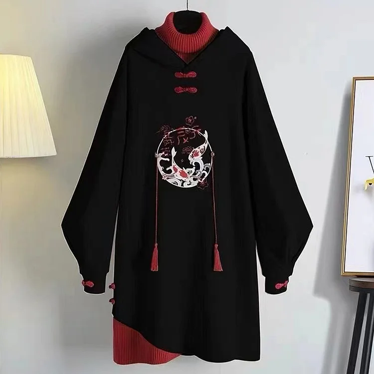 Sweet Embroidery Color Block Hooded Vintage Sweatshirt Dress - Modakawa Modakawa