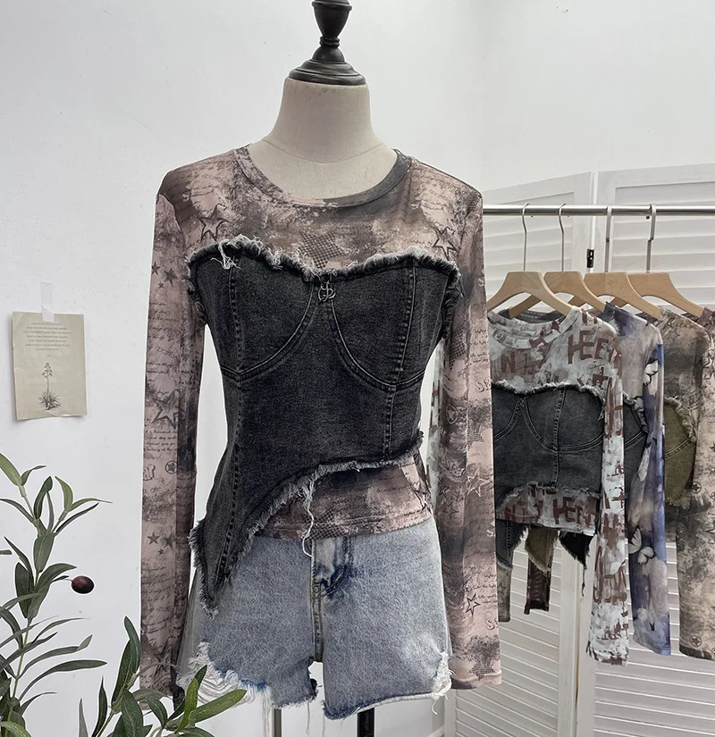Uveng Solid Shooting Tie-Dye Print Spliced Denim T-Shirt Girl Autumn Design Sense Irregular Hair Side Short-Sleeved Top 2617