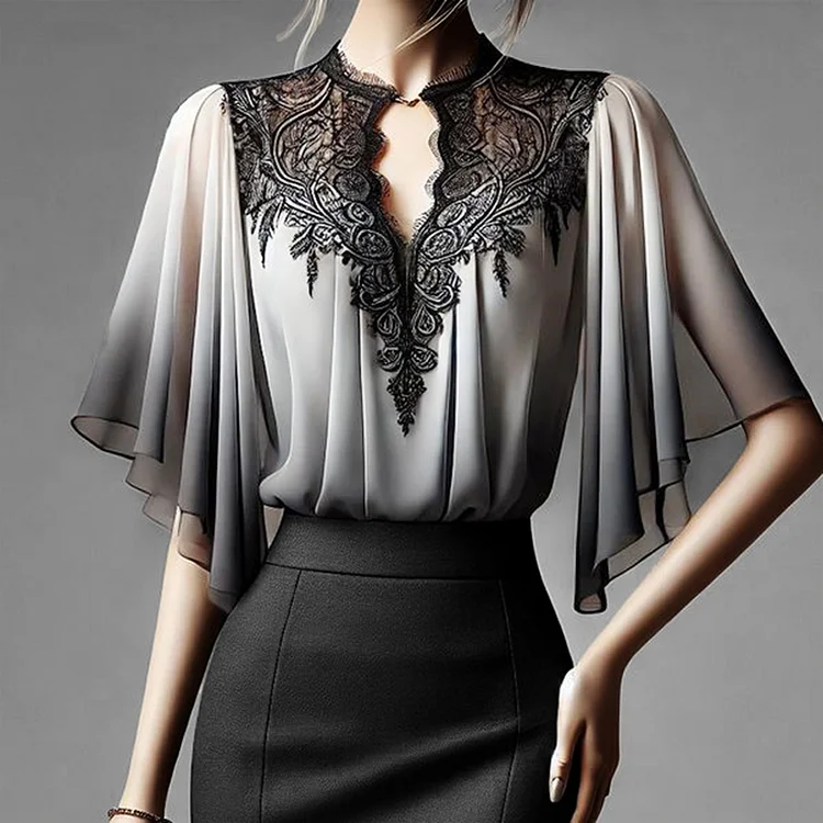 Elegant Ombre Pattern Flutter Sleeve Lace V Neck Blouse