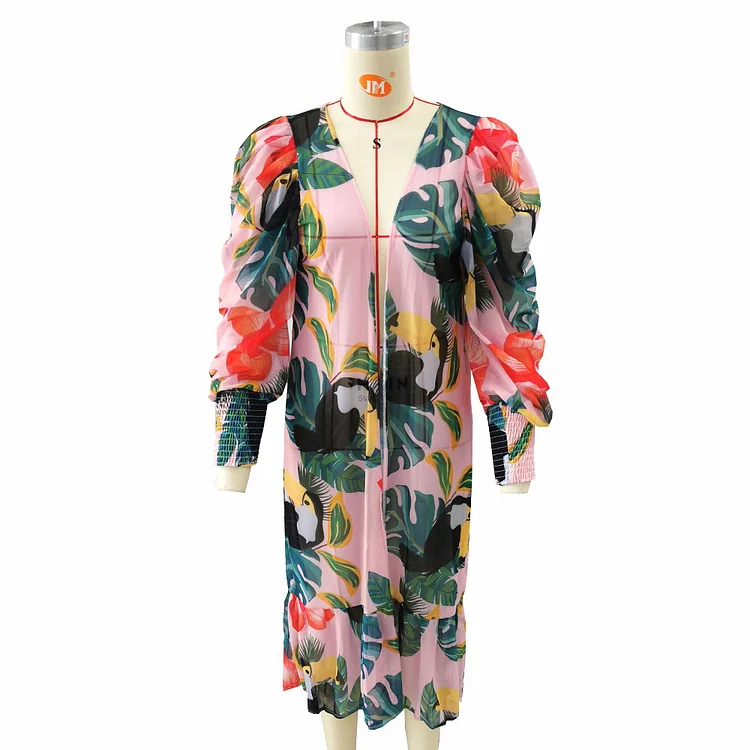 V Neck Toucan Tropical Print Sexy One Piece Swimsuit and Cover Up