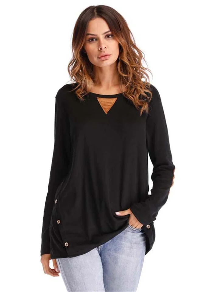 Women's Solid Color Round Neck Large Size Double-breasted Button-down Patch T-shirt