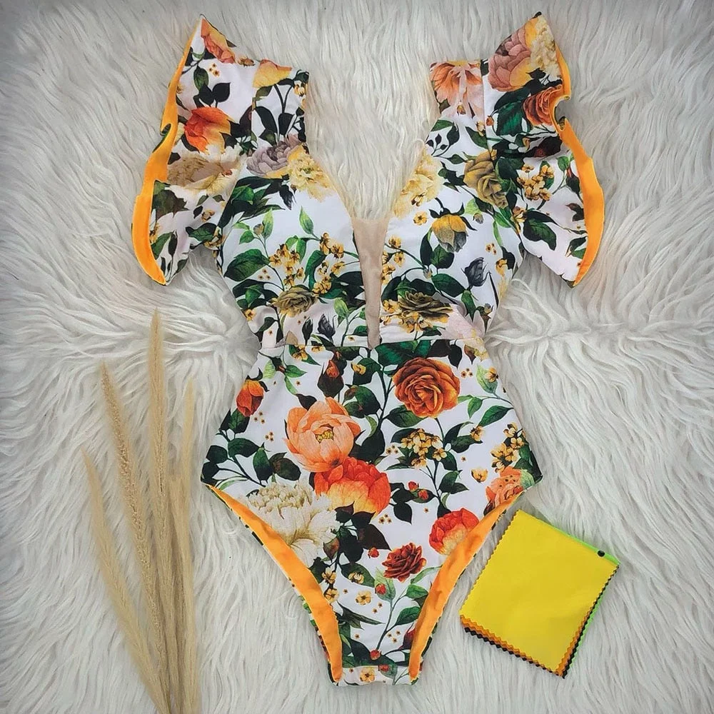 2022 New Sexy Ruffle Print Floral One Piece Swimsuit Off The Shoulder Swimwear Women Solid Deep-V Beachwear Bathing Suit Monkini