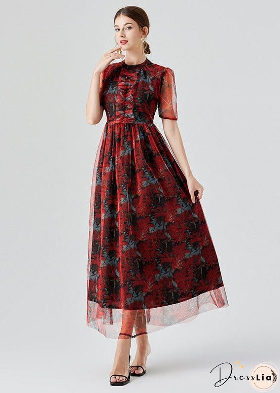 Vogue Red Ruffled Print Patchwork Tulle Long Dress Summer