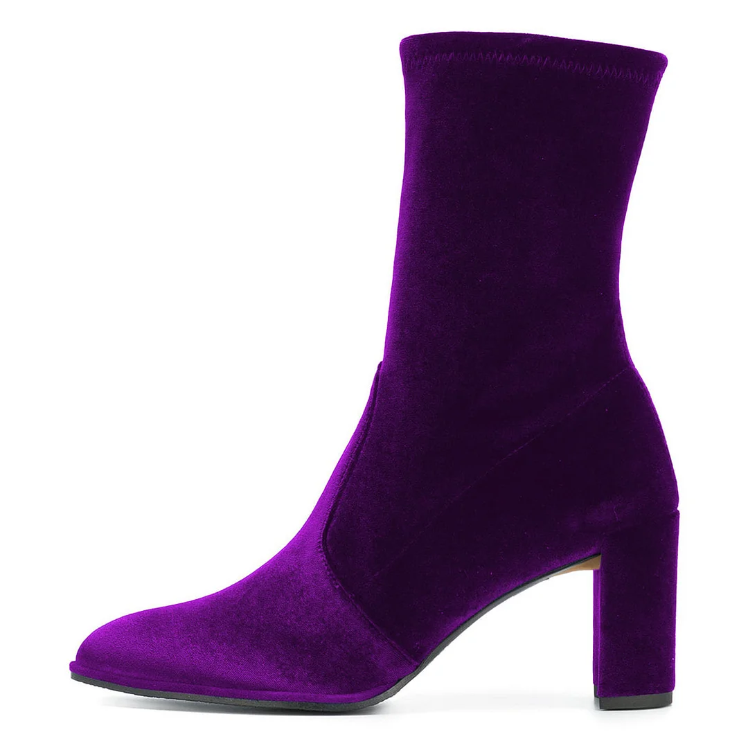 Women's Velvet Pointed Toe Pull-On Heeled Ankle Boots in Purple