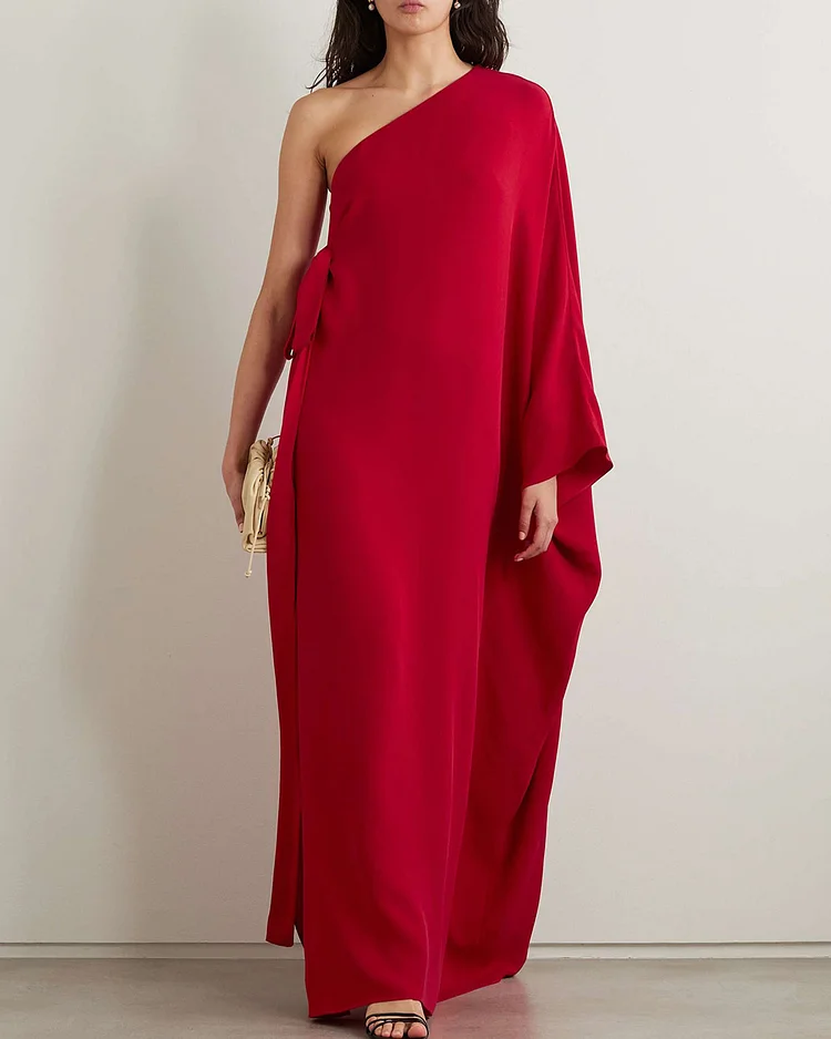 One-Shoulder Bow-Embellished Silk-Crepe Gown