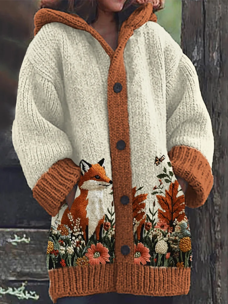 Forest Fox & Flowers Embroidered Cozy Knit Hooded Cardigan