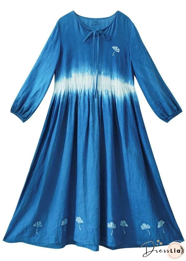 Organic Blue Print Tunic O Neck Cinched Art Dress
