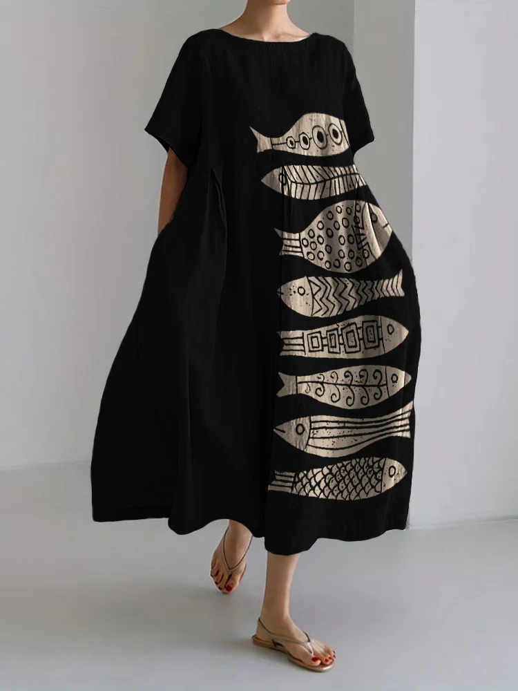Comstylish Fish Japanese Lino Art Flowy Linen Blend Maxi Dress